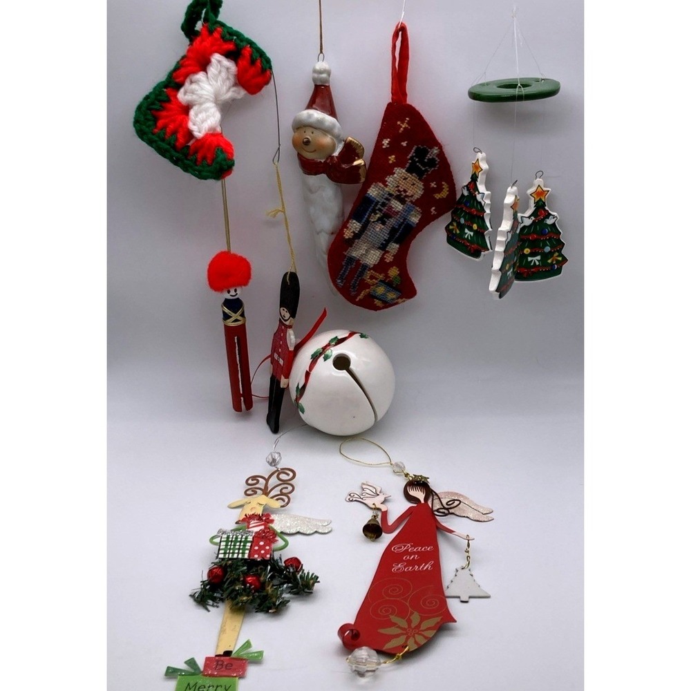 Lot Of 9 Christmas Ornaments Ceramic Tree Wind Chimes Ceramic Bell Mixed Media